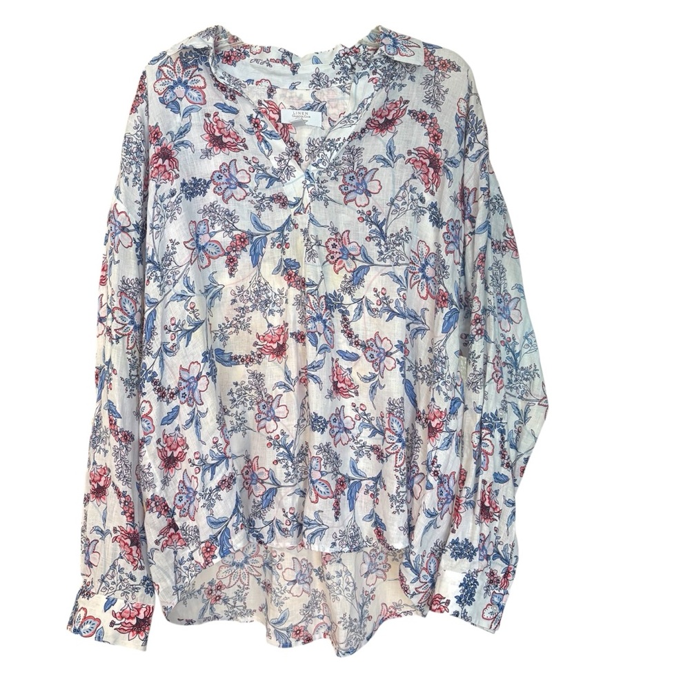 Charter Club Luxury 100% Linen Tunic Top XL Boho Floral Romantic French Country